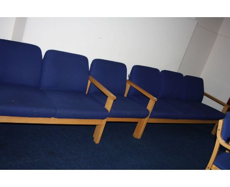 A MORLEY'S CONFERENCE ROOM THREE SEAT SOFA, TWO SEAT SOFA AND A CHAIRS, upholstered in blue over a beechwood frame, three sea