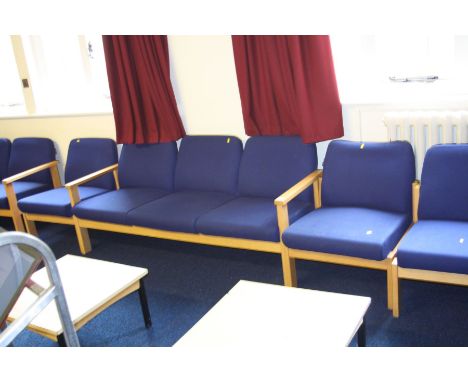 A MORLEY'S CONFERENCE ROOM THREE SEAT SOFA AND TWO CHAIRS, upholstered in blue over a beechwood frame, sofa 170cm wide and ch