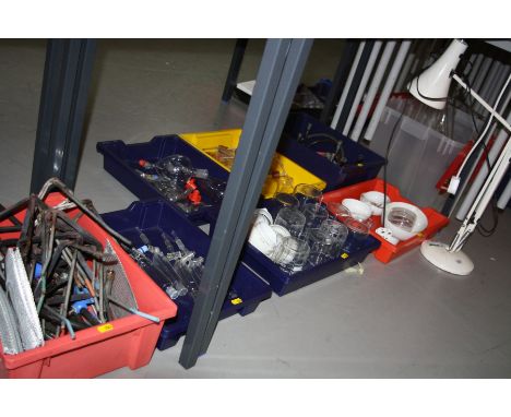 A WHITE ANGLE POISE LAMP AND SEVEN TRAYS OF CHEMISTRY EQUIPMENT including Bunsen burners, tripods, gauzes, beakers etc