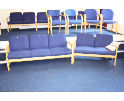 A MORLEY'S CONFERENCE ROOM THREE SEAT SOFA AND A TWO SEAT SOFA, upholstered in blue over a beechwood frame, three seater 170c