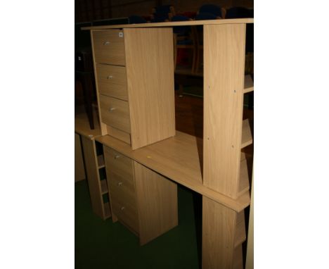 TWO MODERN OAK EFFECT DESKS, with three drawers to the left and a three shelf bookcase to the right 120x49x73cm high (s.d)