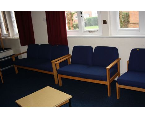 TWO MORLEY'S CONFERENCE ROOM SOFAS, upholstered in blue over a beechwood frame, three seater sofa 170cm wide and two seater 1