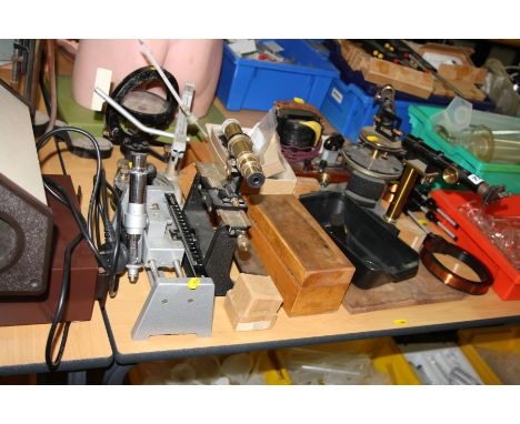 A COLLECTION OF SCIENTIFIC INSTRUMENTS including levels, sights, cased weights, etc