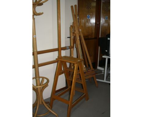 A MODERN LIGHT OAK SET OF LIBRARY STEPS, with three rung and a turned pole handle, 180cm high