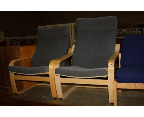A PAIR OF IKEA EASY CHAIRS, with bentwood maple frame and light grey upholstery (s.d)