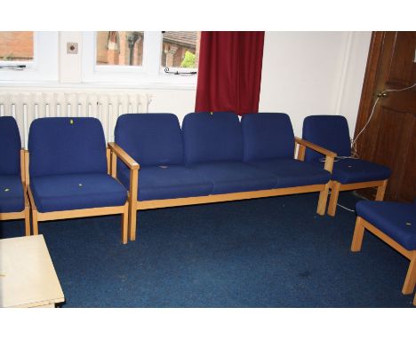 A MORLEY'S CONFERENCE ROOM THREE SEAT SOFA AND TWO CHAIRS, upholstered in blue over a beechwood frame, sofa 170cm wide and ch