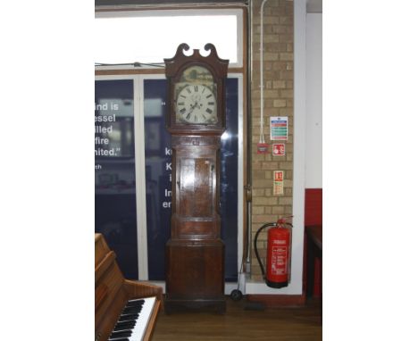 A GEORGIAN OAK 30 HOUR LONG CASE CLOCK, with a painted domed dial with a village scene inside a hood with reeded uprights and