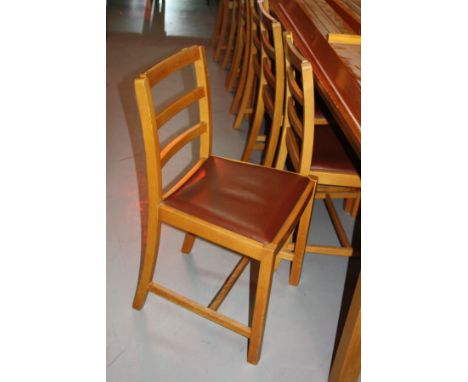 EIGHT WOODEN LADDER BACK CHAIRS WITH PADDED SEATS (8)