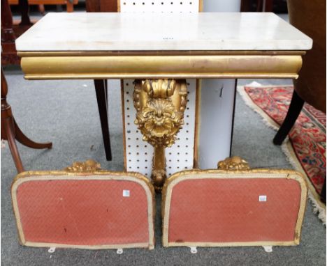 A Victorian marble topped console table on monopodium gilt scroll supports, 61cm wide x 58cm high, together with two smaller 