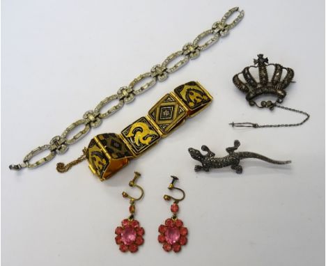 A rose diamond set brooch, designed as a crown, a pair of pink paste set oval cluster pendant earrings, two bracelets and a m