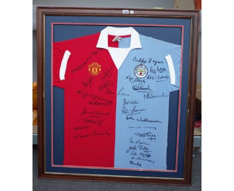 Sporting memorabilia; a framed football shirt circa 1965, Manchester Utd and Manchester City, Signed by the players at the ti