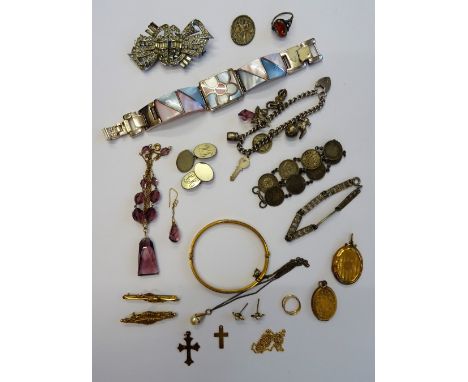 A pair of seed pearl cluster ear studs, a pair of circular earrings, two gold pendant crosses, an oval hinged bangle on a sna