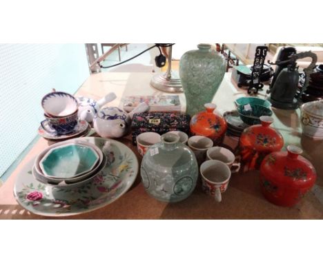 Asian ceramics including; five pairs of 18th century tea cups and saucers, Cloisonne, Korean vase and sundry (Qty.).