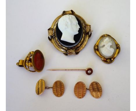 A 19th century gilt metal mounted pendant fob seal, a pair of 9ct gold oval cufflinks, with engine turned decoration, Birming