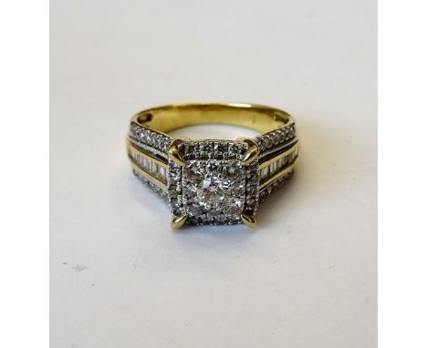 A gold and diamond square cluster ring, mounted with the principal circular cut diamond to the centre, in a two tier surround