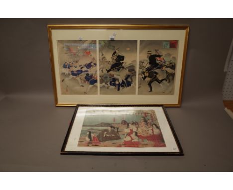 Adachi Ginko (fl. 1874-97): a triptych ,battle  scene from the Sino-Japanese war, signed, overall size 35cm. by 74cm., framed
