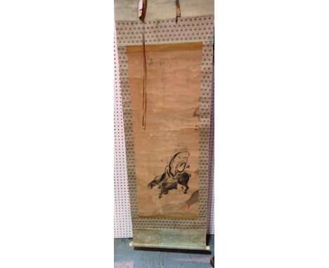 Two Chinese scroll paintings, pen and wash, one painted with a figure crossing a bridge in a landscape, signed and with seal,