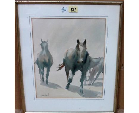 A group of nine, including a watercolour of horses by Joanna Rowell; two bird studies; a print of Leopard cubs; and five colo