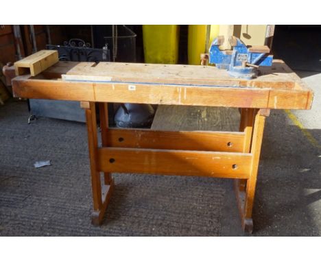 A Sjobergs of Sweden stained pine work bench, 162cm wide x 83cm high. 