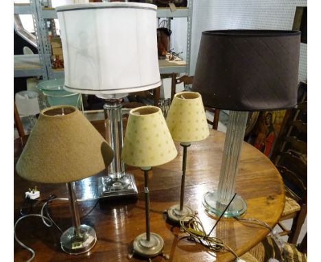 Lighting, including; a pair of brass table lamps and three chrome and glass table lamps, (5). 