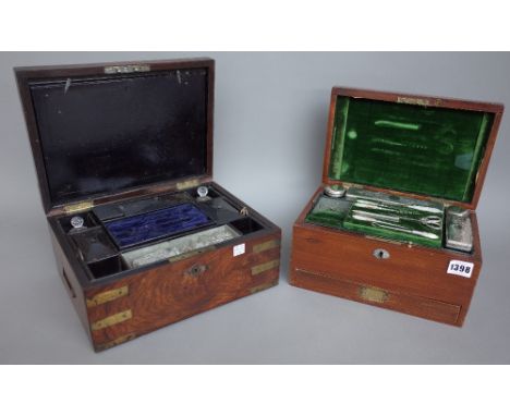 A Victorian mahogany sewing box by I.J Mechi, London, with velvet lined fitted interior and contents, 27cm wide, a Japanese l