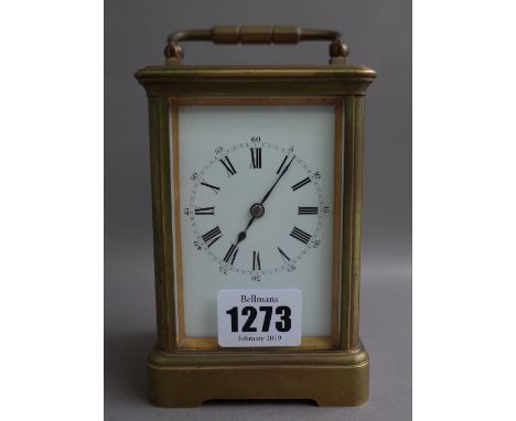A French brass cased carriage clock, late 19th century, with visible platform escapement, single train movement and enamel di