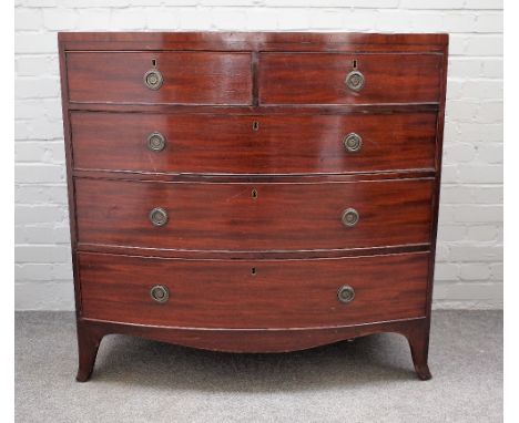 A Regency mahogany bowfront chest of two short and three long graduated drawers on splayed bracket feet, 106cm wide x 104cm h