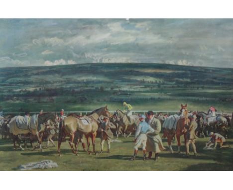 Sir Alfred James Munnings (1878-1959), The Saddling Paddock, Cheltenham March Meeting, colour print, signed in pencil, with b