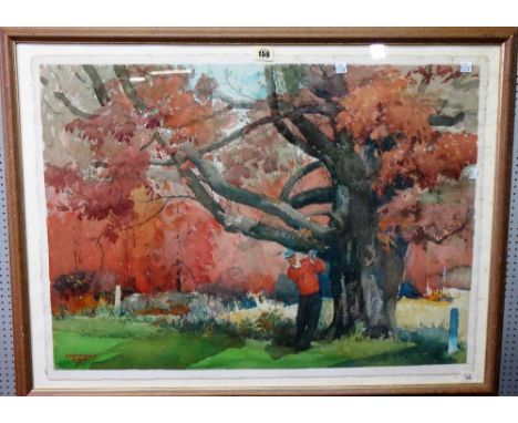 ** Gustavson (20th century), Golfer in an autumnal landscape, watercolour, signed, 53cm x 73cm.; together with a print after 