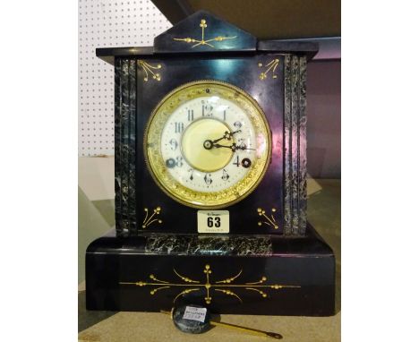 An early 20th century black slate and marble mantel clock, 23cm wide x 28cm high. 
