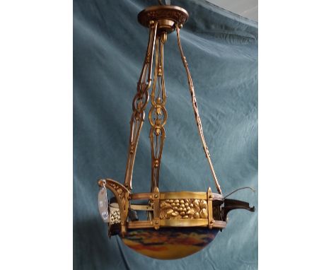 Muller Fres Luneville, glass mounted gilt metal chandelier, circa 1920, the multi coloured glass dish mounted in a foliate ca