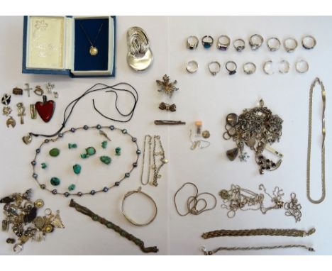 Silver and other jewellery, comprising; fourteen rings, twenty pairs of earrings, five bracelets, eight necklaces and chains,