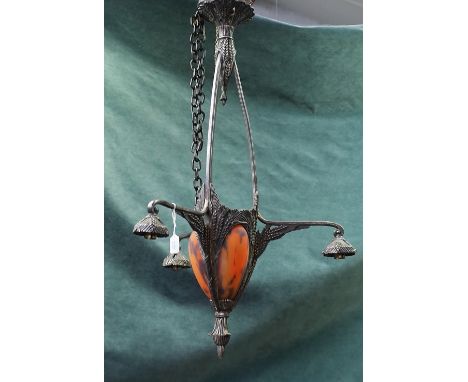 Muller Fres Luneville; an Art Nouveau silvered bronze and glass three branch chandelier, lacking one shade, 81cm high.  