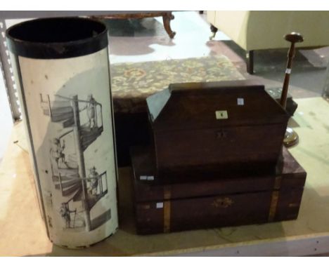 An early 19th century brass bound mahogany writing slope, 51cm wide, a rosewood sarcophagus tea caddy, 38cm wide and a stick 