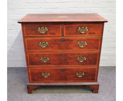 A late 17th century style featherbanded walnut chest with two short and three long graduated drawers on bracket feet, 92cm wi