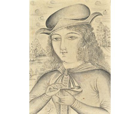 A portrait drawing of a youth, probably Zand, Persia, 18th century, ink on paper laid down on card, the figure wearing a hat 