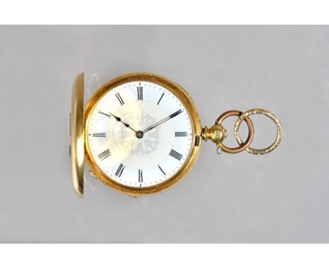 A ladies gold cased key wind half hunting cased fob watch, with a gilt jeweled cylinder movement, the decorated enamel dial w