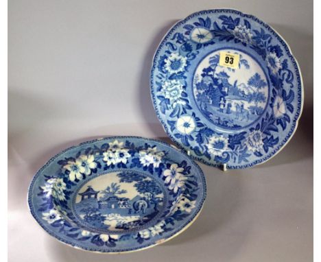 A mixed quantity of mostly early 19th century blue and white transfer print decorated plates and bowl to include a Zebra patt