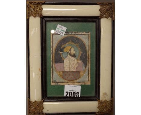A head and shoulders portrait of a Maharajah, India, probably 17th century, opaque pigments on paper, 9cm. by 7cm., mounted, 