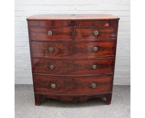A Regency mahogany bowfront chest of two short and three long graduated drawers on bracket feet, 107cm wide x 117cm high.