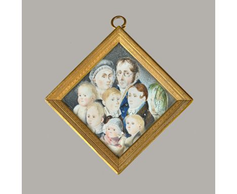 GLC-JJ, an unusual early 19th century portrait miniature on ivory depicting husband, wife and six children, signed in a gilt 