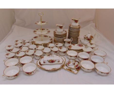 Royal Albert Old Country Roses dinner and tea service to include plates, bowls, saucers, a teapot, milk jugs, cake stand, cak