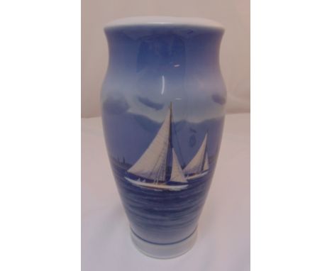 A Royal Copenhagen baluster form vase depicting a hand painted scene of sailing boats, marks to the base, 33cm (h)