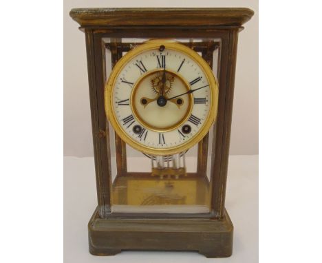 A brass and four glass mercury balance pendulum mantle clock, rectangular, white enamel dial, Roman numerals, 24.5 x 16 x 13c