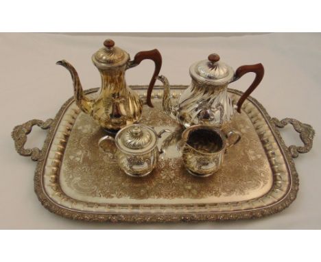 Silver hallmarked four piece tea and coffee set, pear shaped spirally fluted, Sheffield 1964 by Roberts and Belk approx total