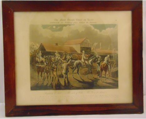 A set of four framed and glazed coloured engravings by J. Harris after Henry Alken for the First Steeplechase on record, 38 x
