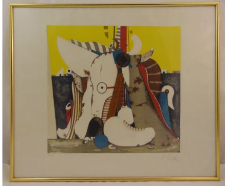 A framed and glazed limited edition polychromatic Surrealist screen-print 6/120, indistinctly signed and dated 1972, 46 x 48c