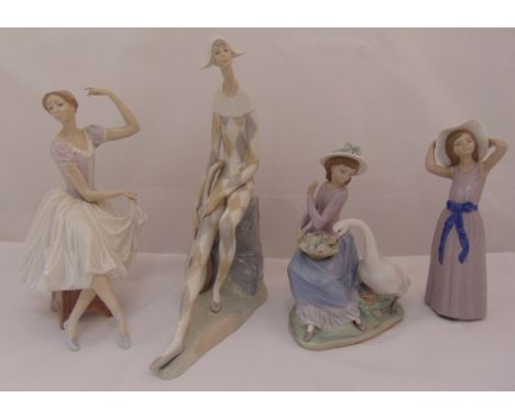 Three Lladro figurines of girls and Nao figurine of a Jester, tallest 37cm