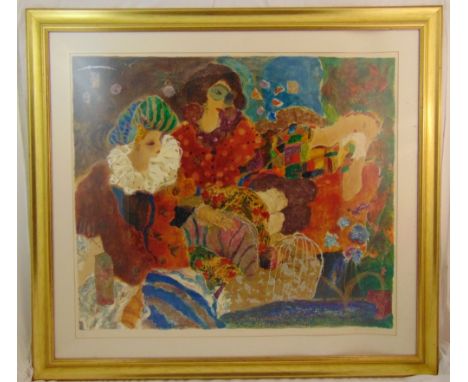 A framed and glazed limited edition print of figures in an interior scene, signed bottom right, 84 x 97cm