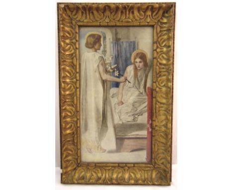 Dante Gabriel Rossetti framed and glazed polychromatic print, The Annunciation monogrammed bottom left, 58 x 37cm